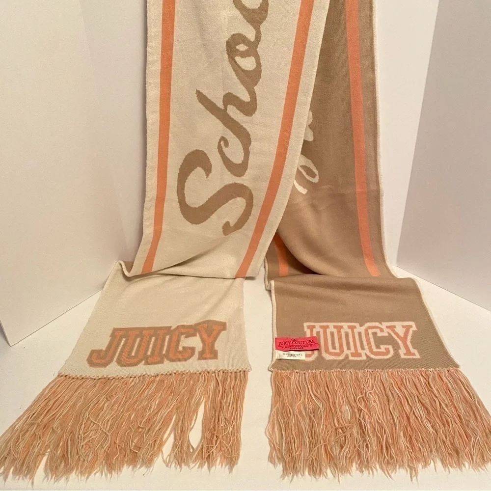 Juicy Couture Oversized Reversible School of Couture Scarf Peach/ Ivory/ Beige - Picture 8 of 15